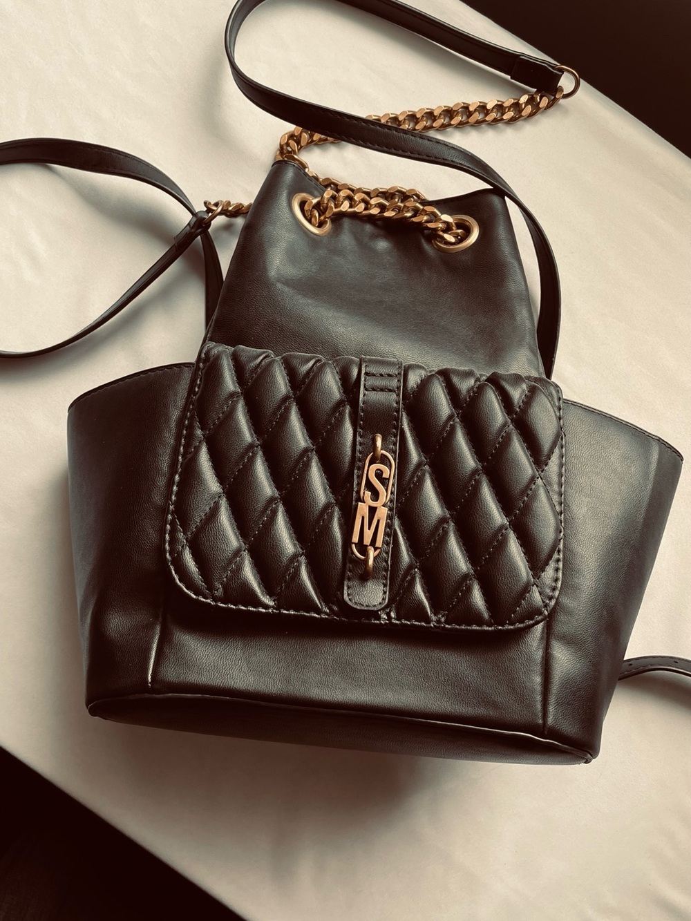 Steve Madden Black Quilted Crossbody with Gold Chain Detail backpack  purse! New